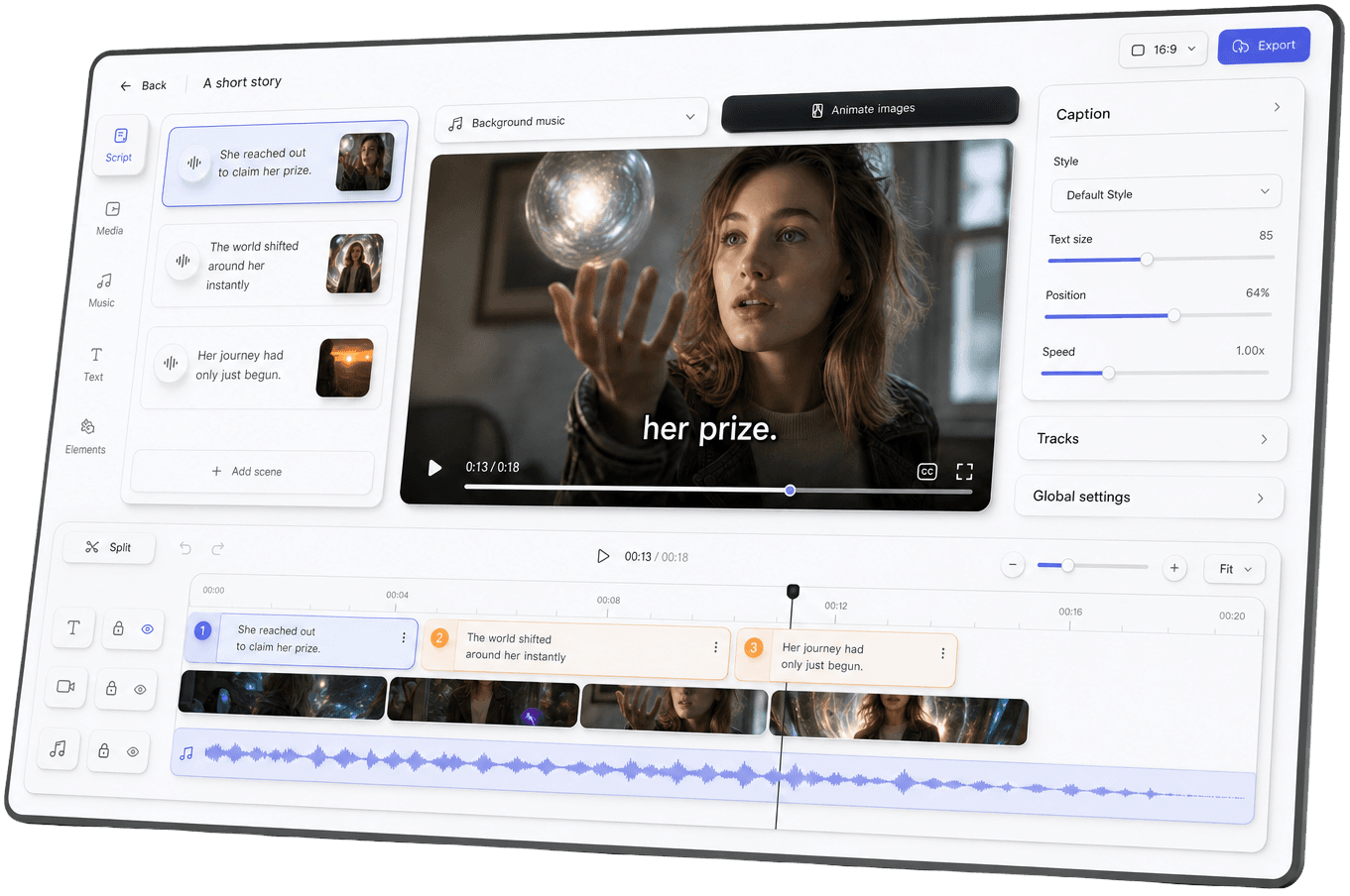 ClipTalk video editor with a layer-based timeline, AI tools, and preview